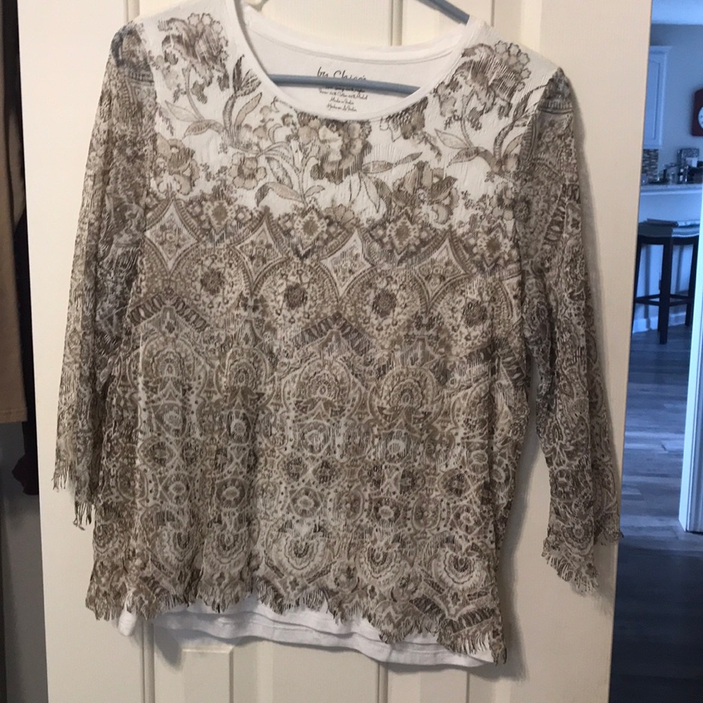 Lace overlay white and brown blouse